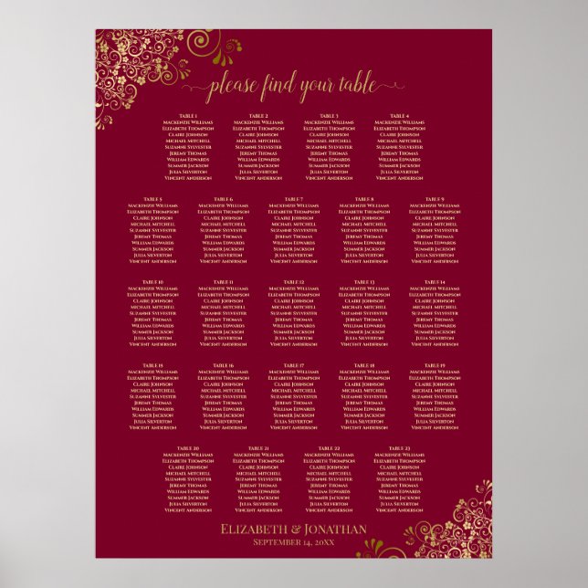 Affiche Plan de table élégant burgundy & or 23 tables (Devant)