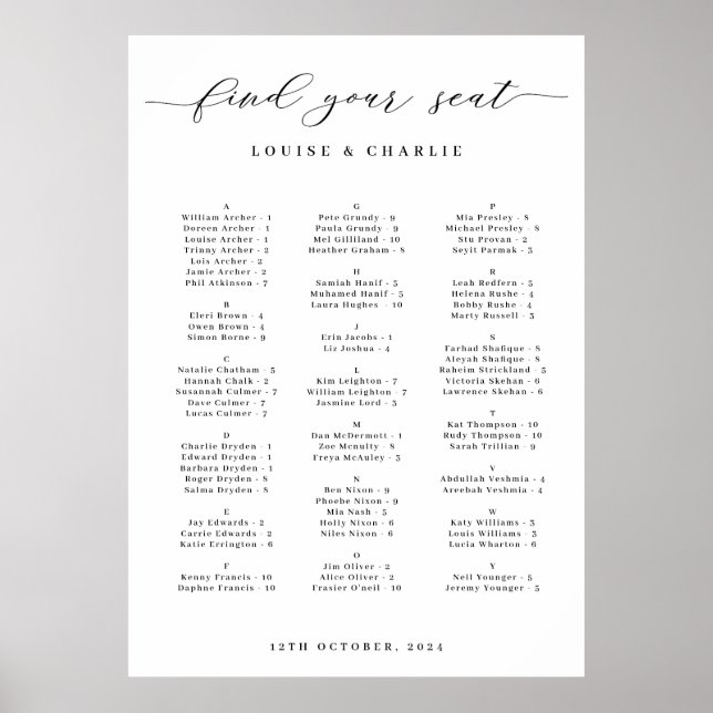 Affiche Plan de table élégant et alphabétique pour mariage (Devant)