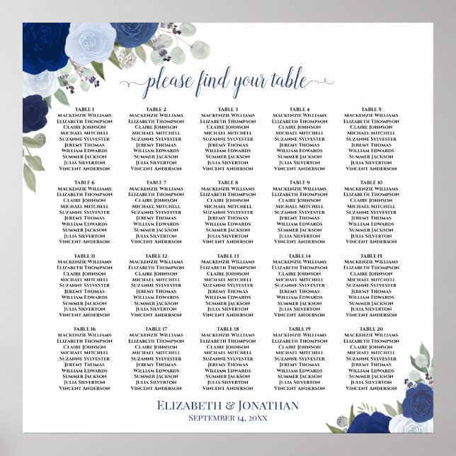 Affiche Plan de table élégant floral bleu pour 20 tables d (Devant)