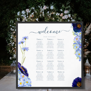 Affiche Plan de table élégant floral bleu pour mariage à 1