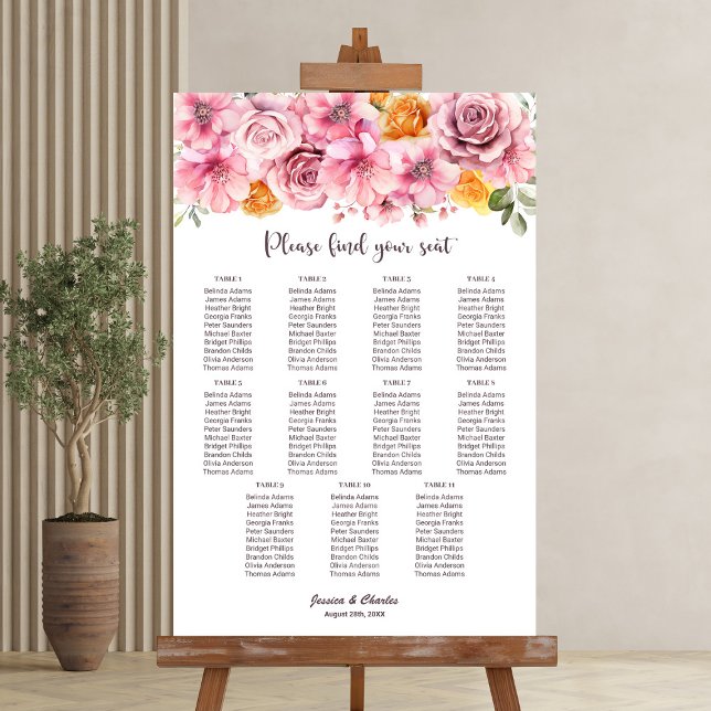 Affiche Plan de table élégant floral rose pour mariage à 1 (Créateur téléchargé)