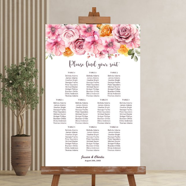 Affiche Plan de table élégant floral rose pour mariage à 1 (Créateur téléchargé)