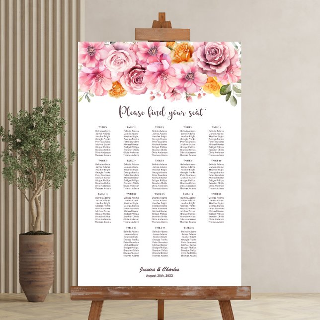 Affiche Plan de table élégant floral rose pour mariage à 1 (Créateur téléchargé)