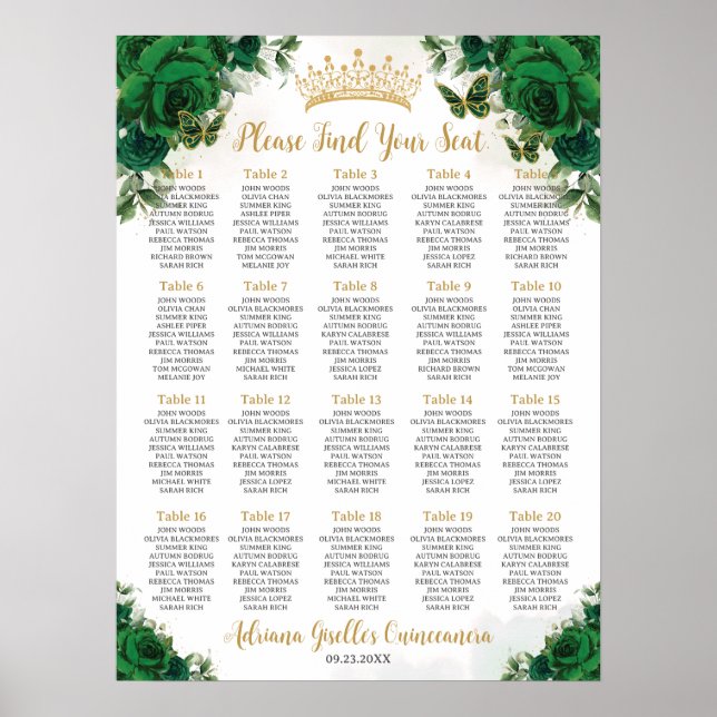 Affiche Plan de table élégant pour Quinceañera Sweet 16 av (Devant)