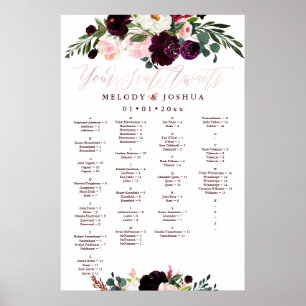 AFFICHE PLAN DE TABLE FLEURS AQUARELLE, ALPHABÉTIQUE