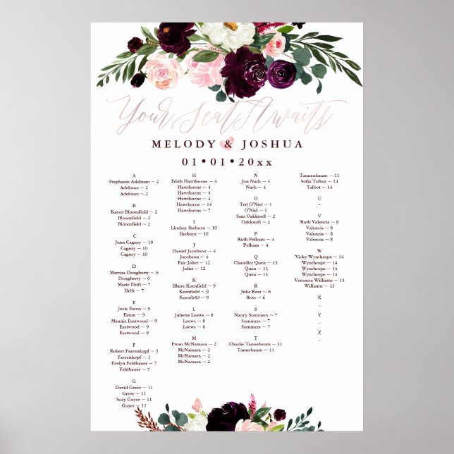 AFFICHE PLAN DE TABLE FLEURS AQUARELLE, ALPHABÉTIQUE (Devant)
