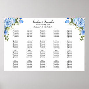 Affiche Plan de table Fleurs Bleues 20 tables Mariage