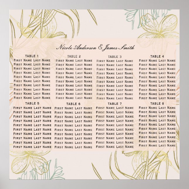 Affiche Plan de table floral botanique tropical élégant (Devant)