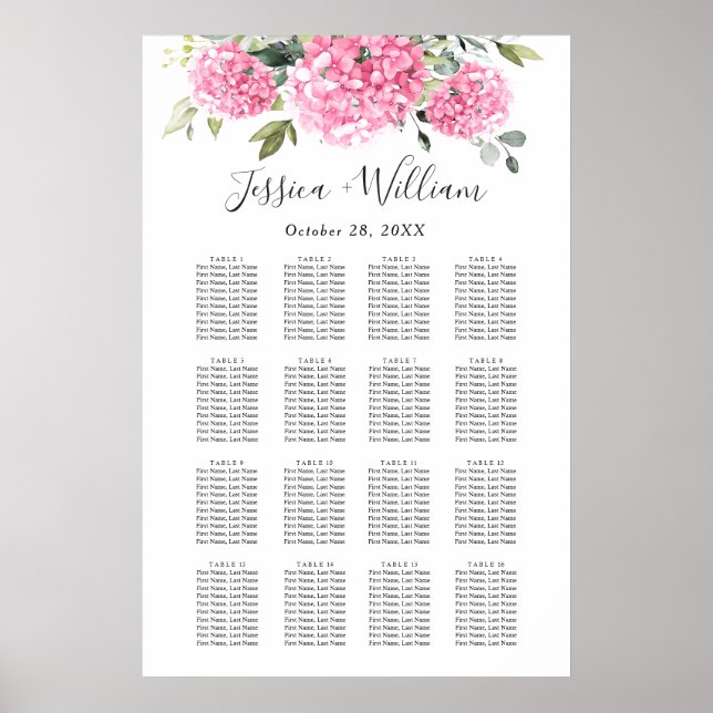 Affiche Plan de table floral Hydrangea rose 16 (Devant)