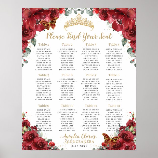 Affiche Plan de table floral rouge pour Quinceañera Mis 15 (Devant)