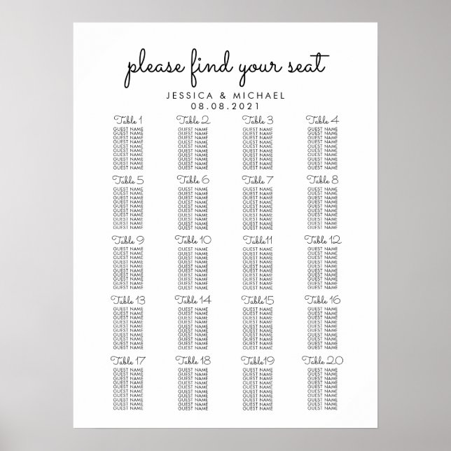 Affiche Plan de table grande réception de mariage à 20 tab (Devant)