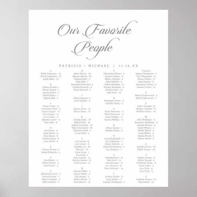 Affiche Plan de table imprimable calligraphié chic classiq (Devant)