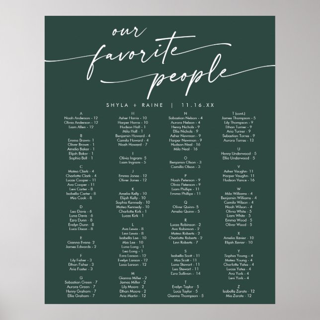Affiche Plan de table imprimable vert émeraude Bohème Chic (Devant)