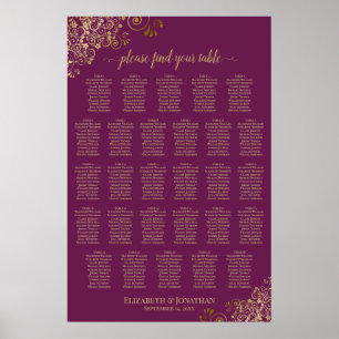 Affiche Plan de table magenta prune & or pour 28 tables