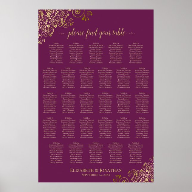 Affiche Plan de table magenta prune & or pour 28 tables (Devant)