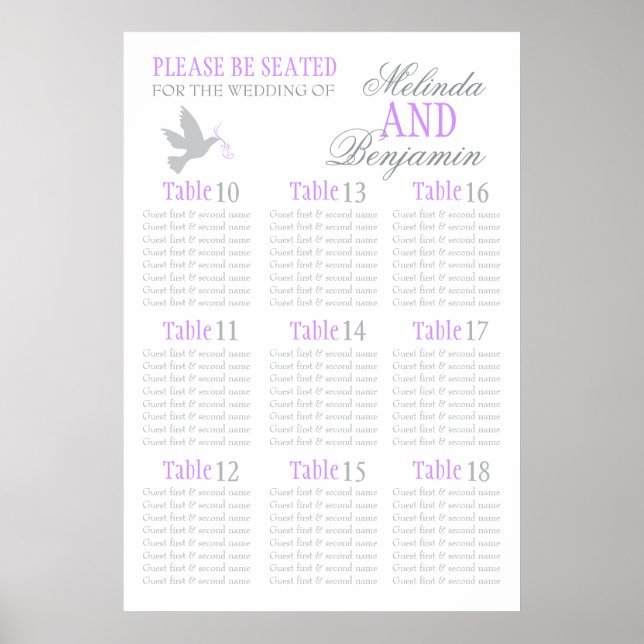 Affiche Plan de table mariage 10-18 de colombe grise (Devant)