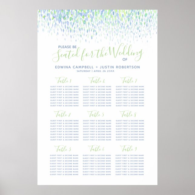 Affiche Plan de table mariage abstrait bleu vert (Devant)