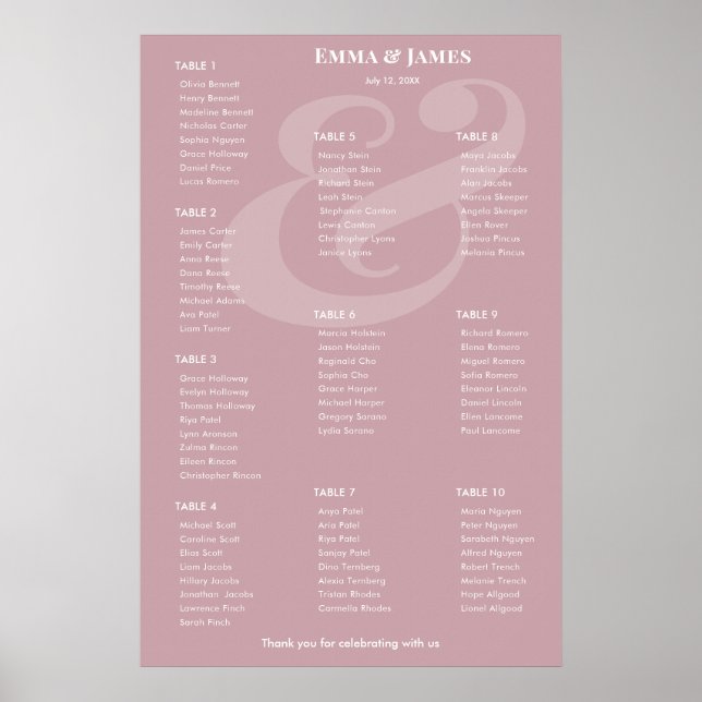 Affiche Plan de table Mariage Ampersand Mauve Inversé | 10 (Devant)