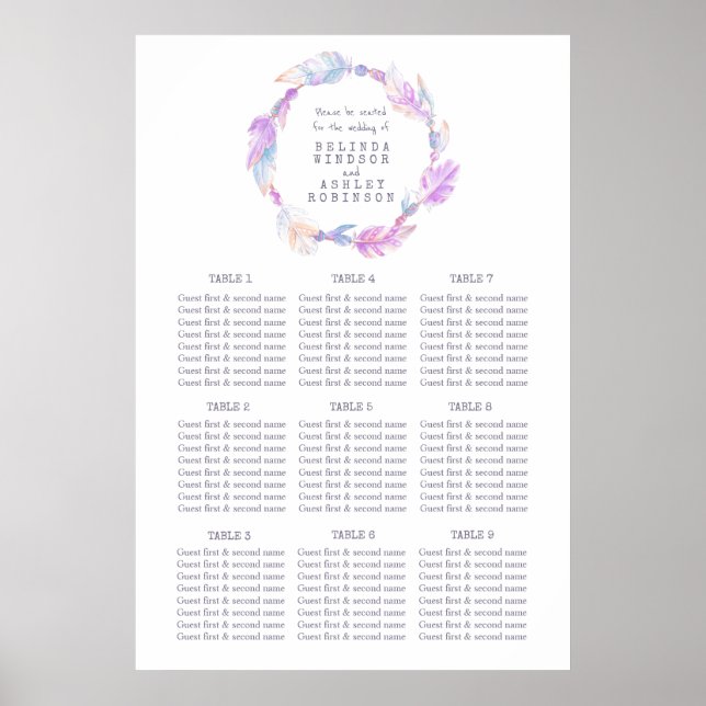 Affiche Plan de table mariage en plume violet (Devant)