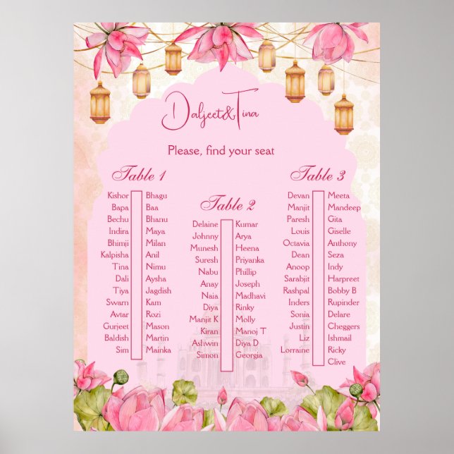 Affiche Plan de table mariage indien lotus rose (Devant)