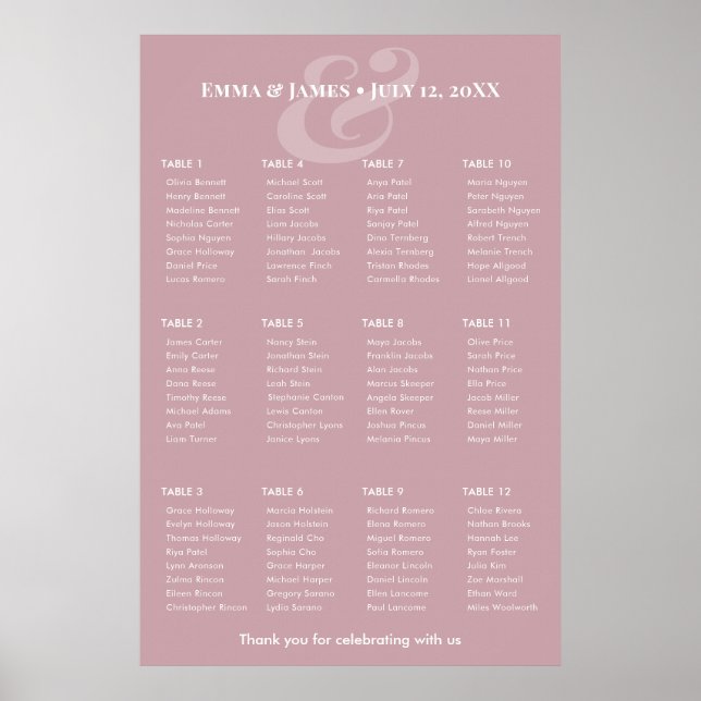 Affiche Plan de table Mariage Mauve Inversé & | 12 Tables (Devant)