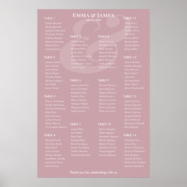 Affiche Plan de table Mariage Mauve inversé Ampersand | 14 (Devant)
