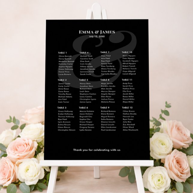 Affiche Plan de table MARIAGE Noir Inversé Esperluette | 1 (Minimalist black wedding seating chart for 12 with white text and modern ampersand layout.)