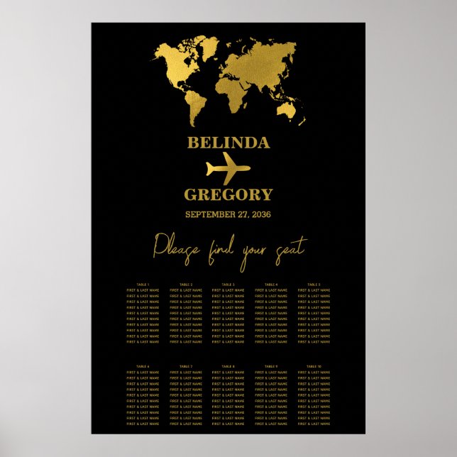 Affiche Plan de table Mariage Passeport Noir Or (Devant)