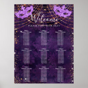 Affiche Plan de table Masquerade paillettes violettes pour