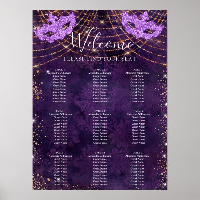 Affiche Plan de table Masquerade paillettes violettes pour (Devant)