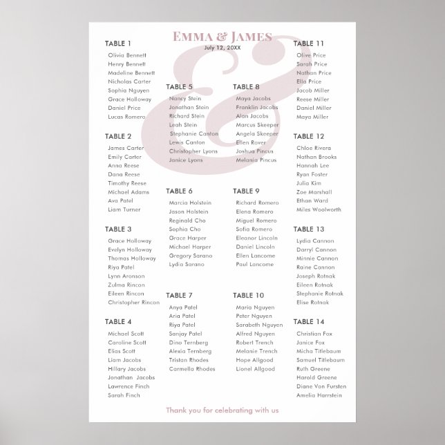 Affiche Plan de table Mauve Ampersand Mariage | 14 tables (Devant)