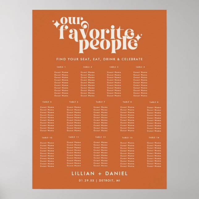 Affiche Plan de table moderne rétro orange mariage 14 (Devant)