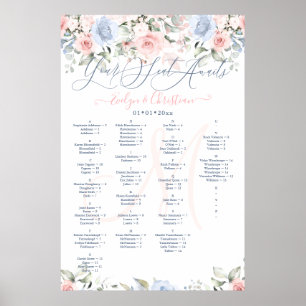 Affiche Plan de table Monogram Blush & Dusty Blue Roses