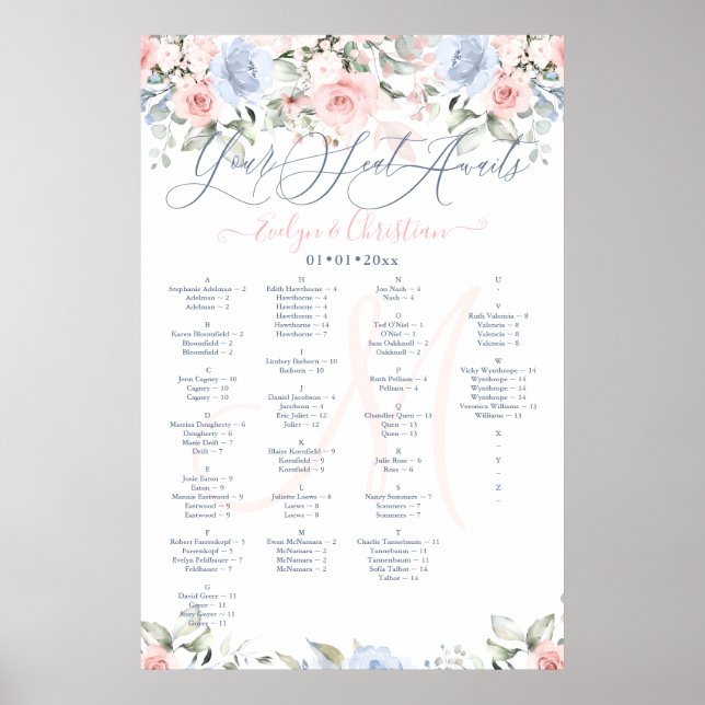 Affiche Plan de table Monogram Blush & Dusty Blue Roses (Devant)
