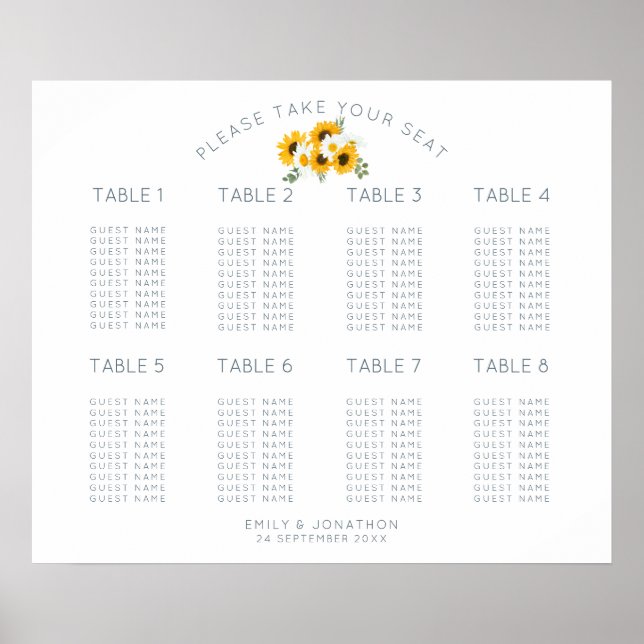 Affiche Plan de table motif tournesols 8 tables 80 invités (Devant)