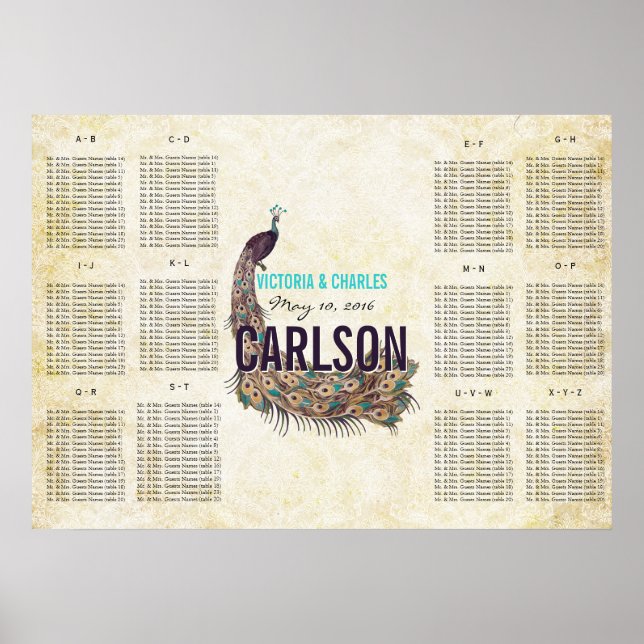 Affiche Plan de table Paon Moderne Vintage (Devant)