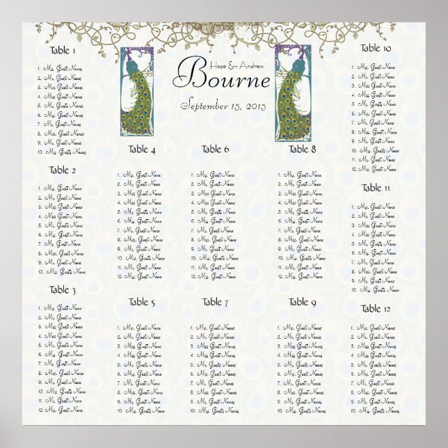 Affiche Plan de table Paon Oiseaux Anciens 12 Tables (Devant)