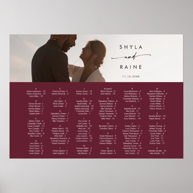 Affiche Plan de table photo rouge burgundy chic bohème (Devant)