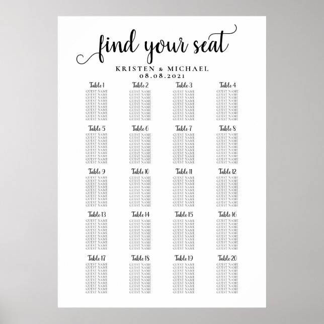 Affiche Plan de table pour 20 tables pour grand mariage (Devant)