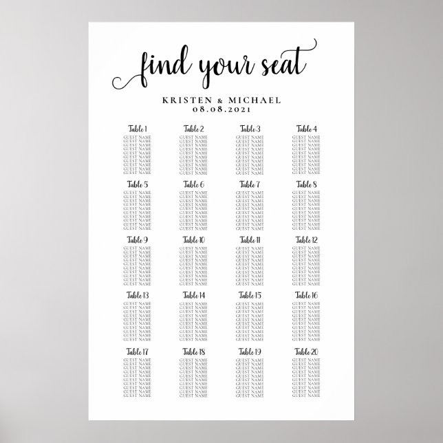 Affiche Plan de table pour 20 tables pour grand mariage (Devant)