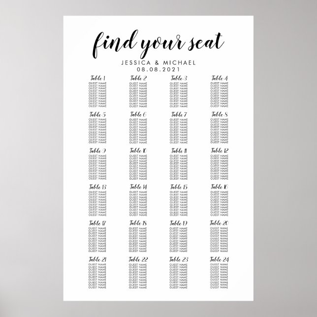 Affiche Plan de table pour 24 tables pour grand mariage (Devant)