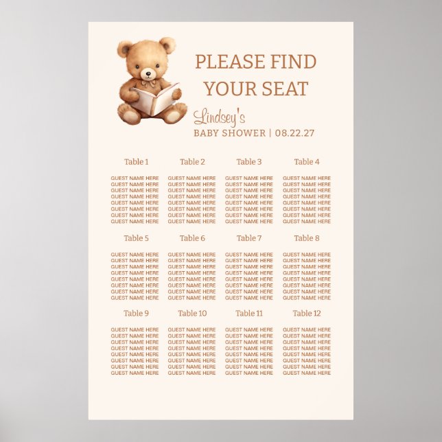 Affiche Plan de table pour Baby Shower Ours en peluche de  (Devant)