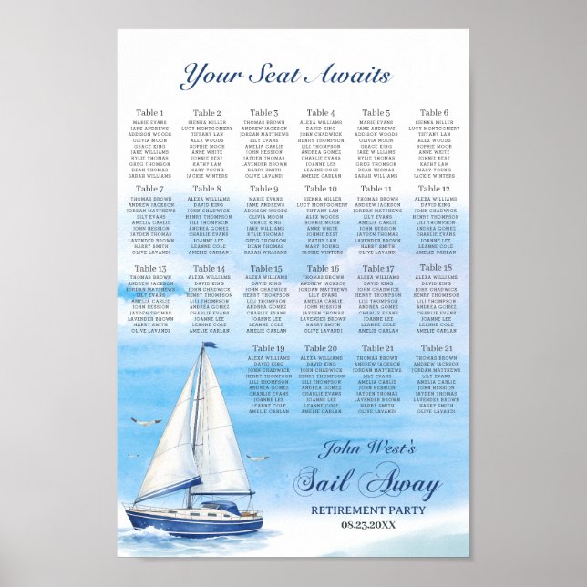 Affiche Plan de table pour la fête de retraite Sail Away (Devant)