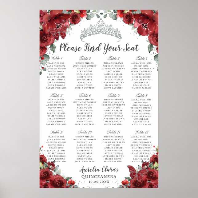 Affiche Plan de table Quinceañera Fleurs Rouges Argent Mis (Devant)