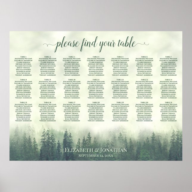 Affiche Plan de table Rustique 21 Table Verte Pins Mariage (Devant)