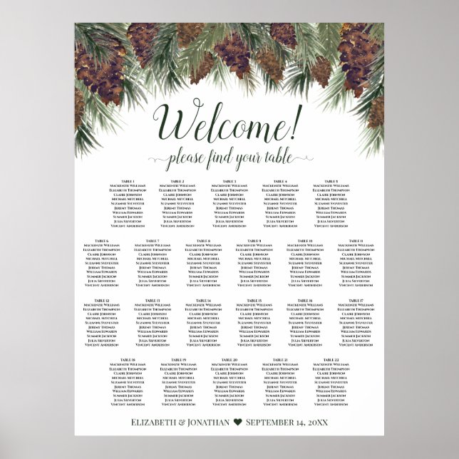 Affiche Plan de table rustique aquarelle de 22 tables avec (Devant)
