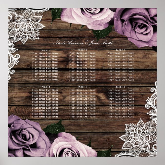 Affiche Plan de table rustique en bois avec roses mauves p (Devant)