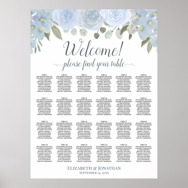 Affiche Plan de table Rustique Fleurs Bleu Poussiéreux 24 (Devant)