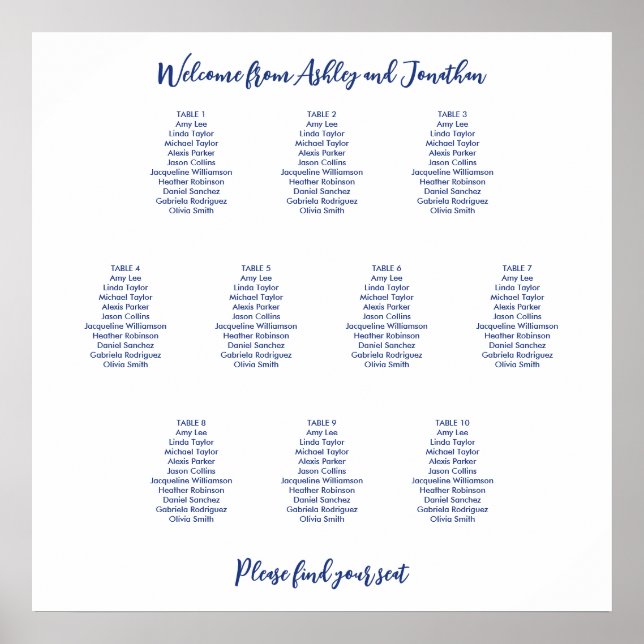 Affiche Plan de table simple 10 Dark Blue (Devant)