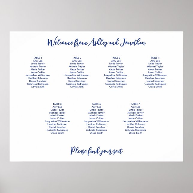 Affiche Plan de table simple 7 tables bleu foncé (Devant)